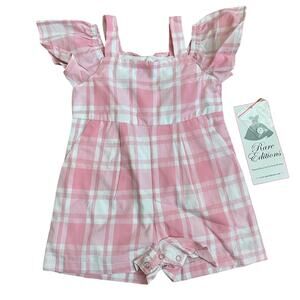 NEW Rare Editions Pink White Metallic Plaid Romper Back Bow Toddler Girl 18M